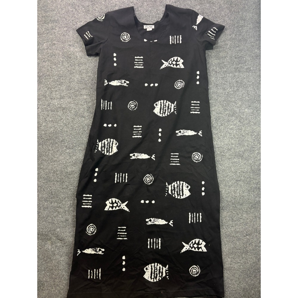 M. Mac Fish Print Maxi Dress Womens XL Black Short Sleeve Tribal Coastal Cotton